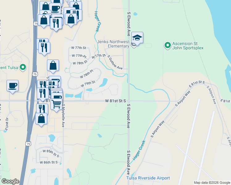 map of restaurants, bars, coffee shops, grocery stores, and more near 7908 South Frisco Avenue in Tulsa