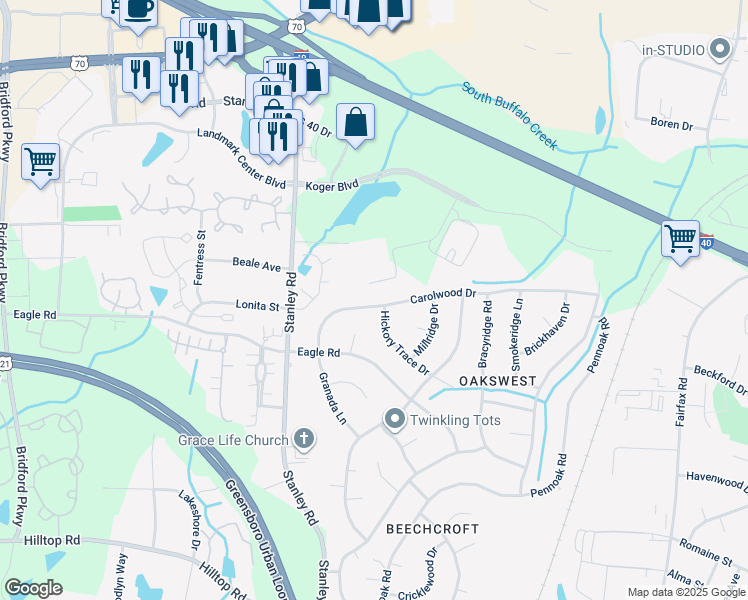 map of restaurants, bars, coffee shops, grocery stores, and more near 5302 Carolwood Drive in Greensboro