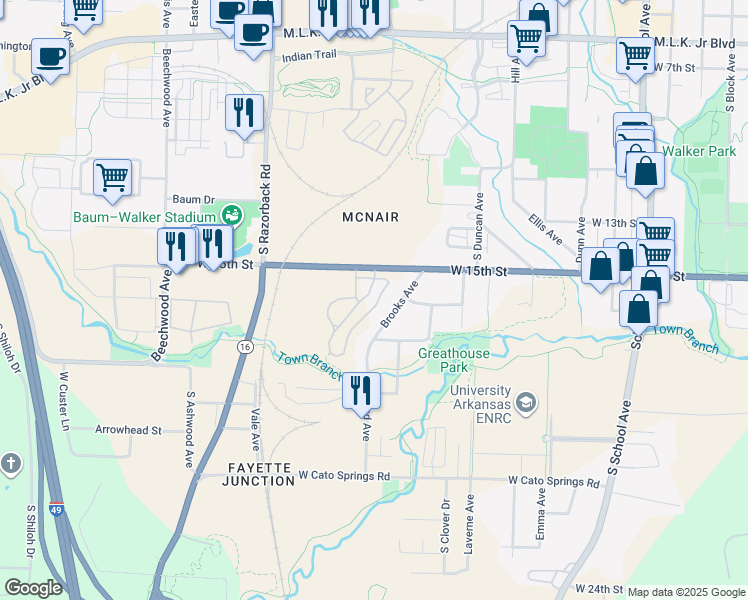 map of restaurants, bars, coffee shops, grocery stores, and more near 1159 West 15th Street in Fayetteville