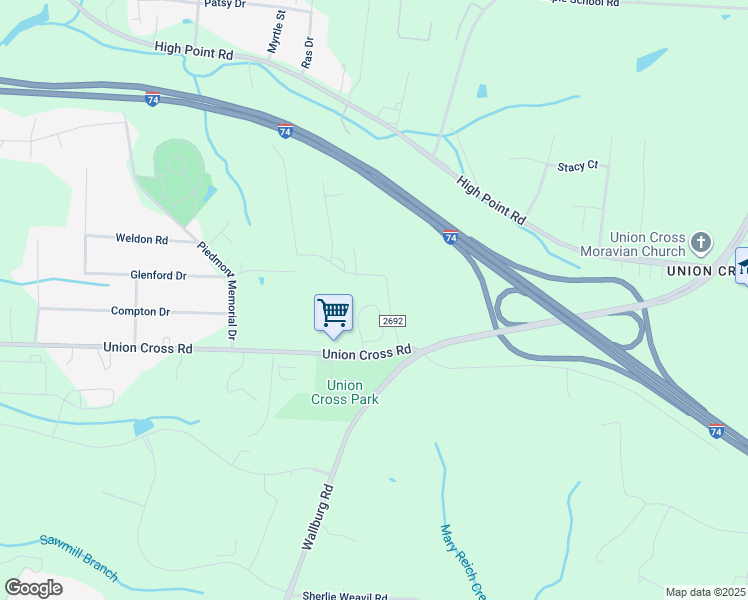 map of restaurants, bars, coffee shops, grocery stores, and more near 119 Woodgate Circle in Winston-Salem