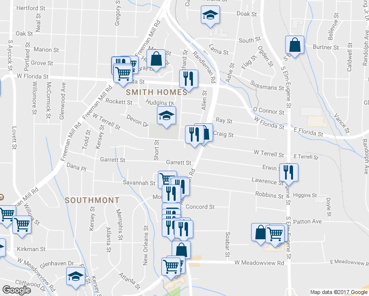 map of restaurants, bars, coffee shops, grocery stores, and more near 2098 Etta Court in Greensboro