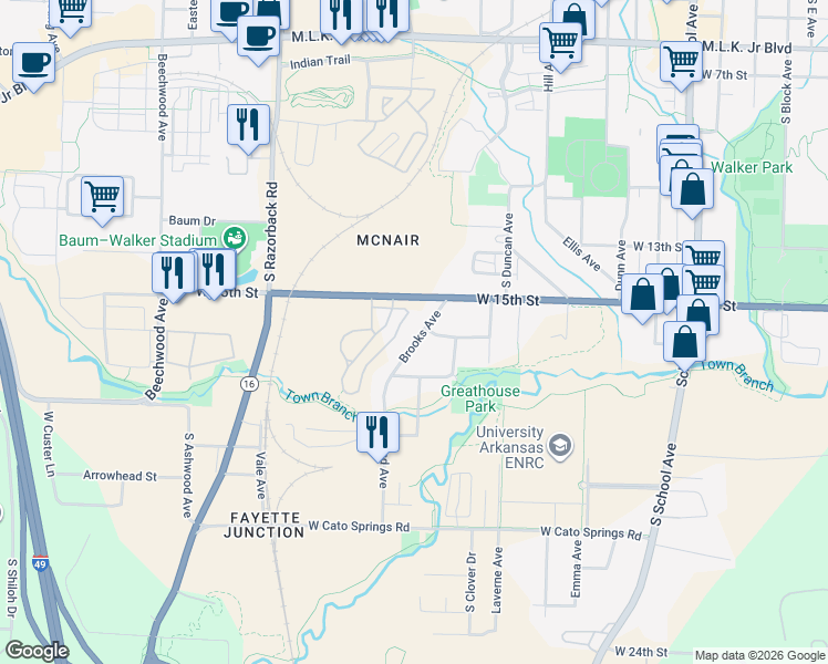 map of restaurants, bars, coffee shops, grocery stores, and more near 1159 West 15th Street in Fayetteville