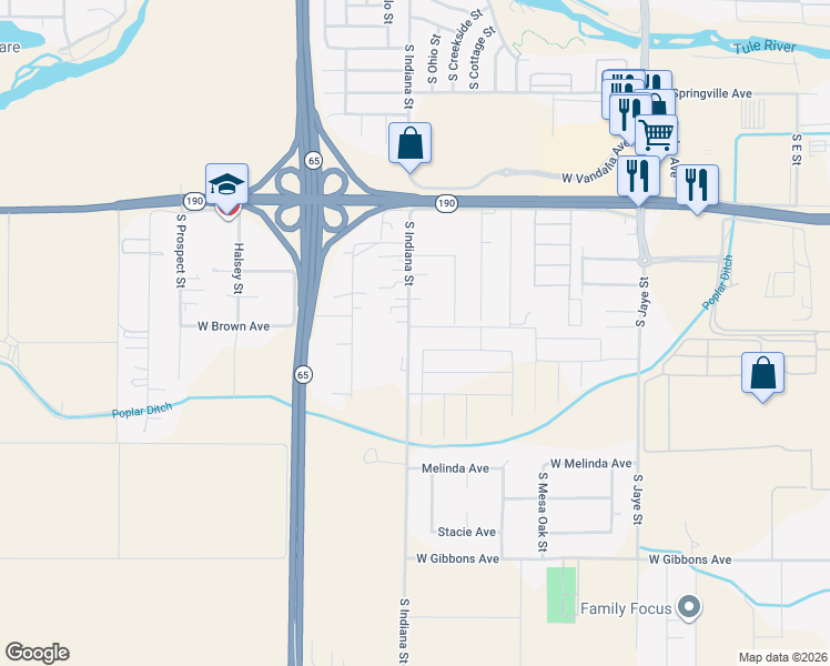 map of restaurants, bars, coffee shops, grocery stores, and more near 955-997 South Indiana Street in Porterville