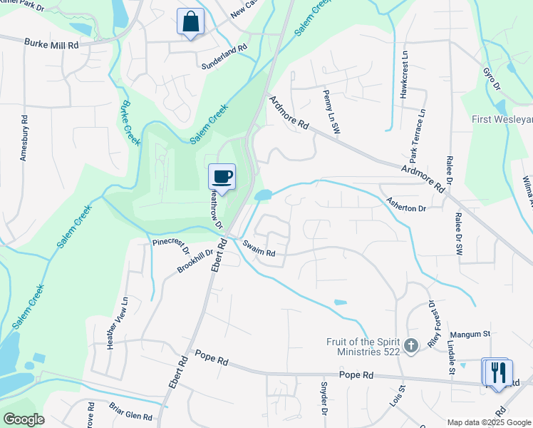 map of restaurants, bars, coffee shops, grocery stores, and more near 2672 Windy Crossing in Winston-Salem
