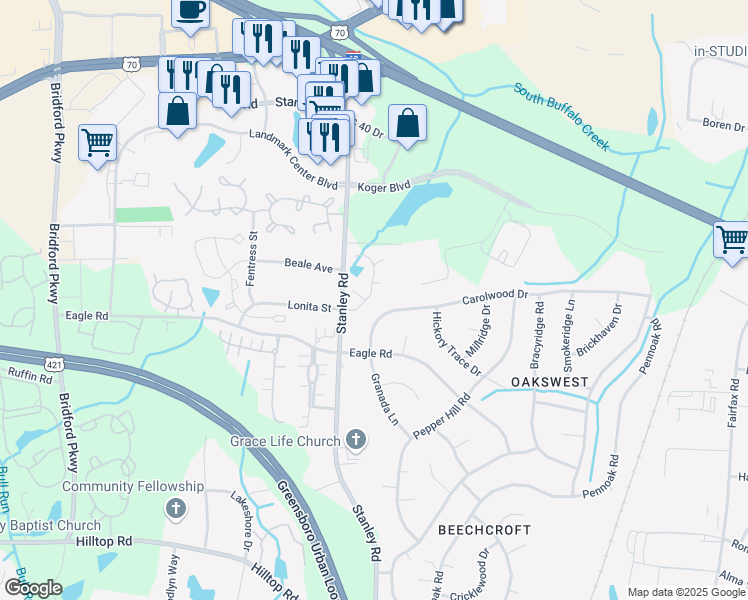 map of restaurants, bars, coffee shops, grocery stores, and more near 4823 Lonita Street in Greensboro