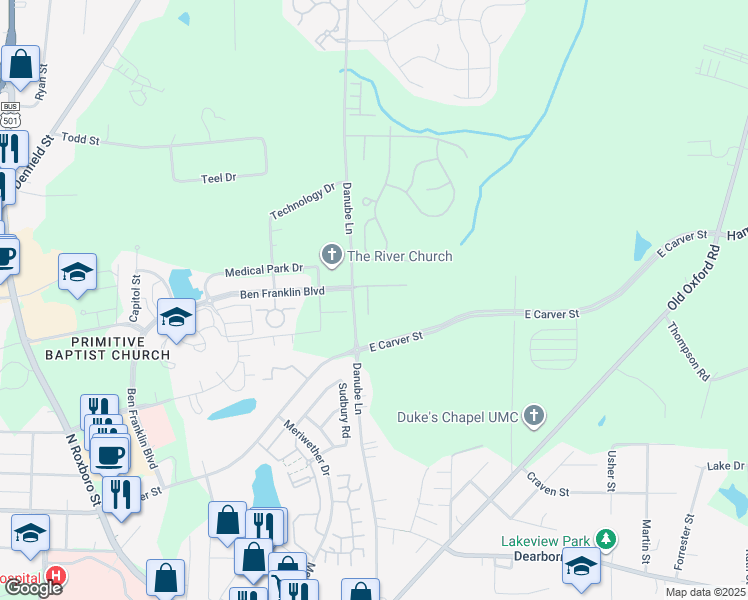 map of restaurants, bars, coffee shops, grocery stores, and more near 3900 Lillington Drive in Durham