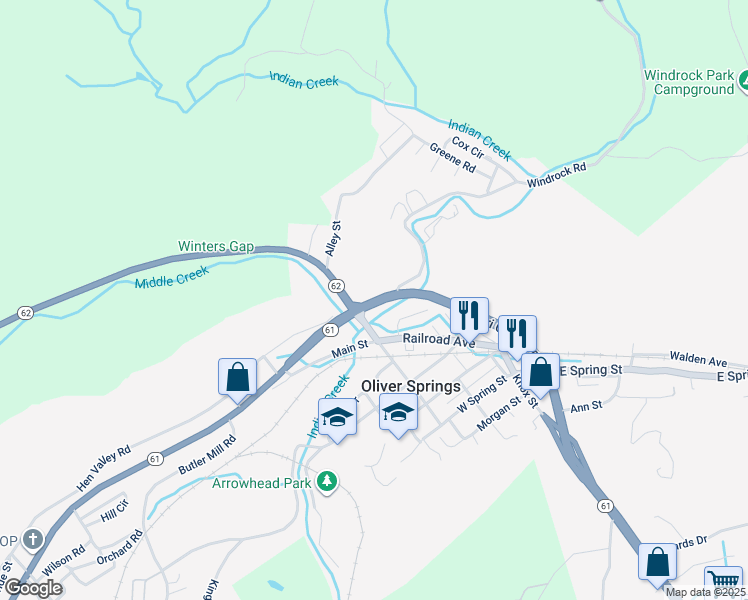map of restaurants, bars, coffee shops, grocery stores, and more near 110 East Tri County Boulevard in Oliver Springs