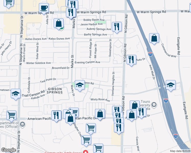 map of restaurants, bars, coffee shops, grocery stores, and more near 271 Prudence Court in Henderson