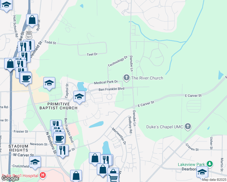 map of restaurants, bars, coffee shops, grocery stores, and more near 4419 Ben Franklin Boulevard in Durham