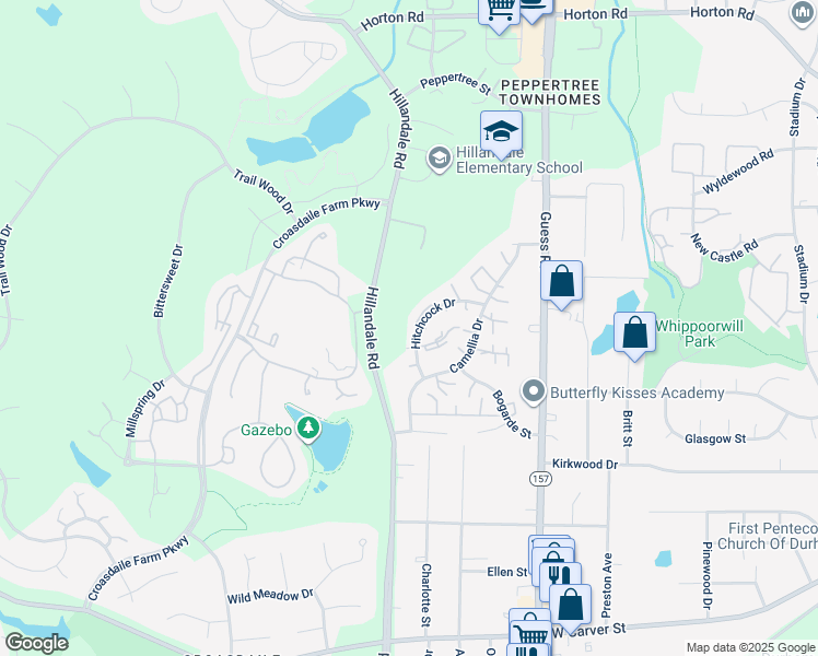 map of restaurants, bars, coffee shops, grocery stores, and more near 2627 Hitchcock Drive in Durham