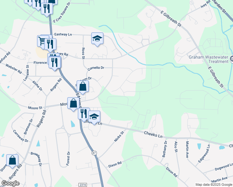 map of restaurants, bars, coffee shops, grocery stores, and more near 419 Old Farm Road in Graham