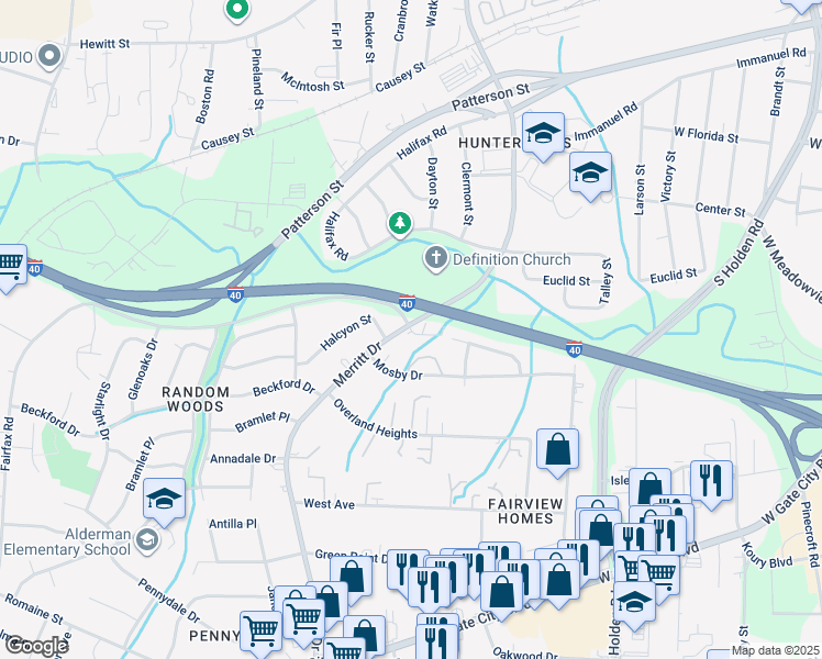 map of restaurants, bars, coffee shops, grocery stores, and more near 1836 Merritt Drive in Greensboro