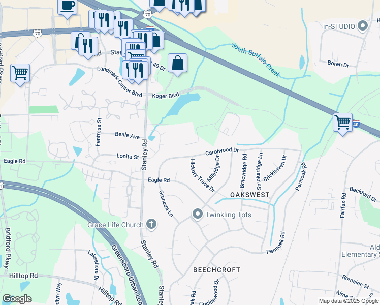 map of restaurants, bars, coffee shops, grocery stores, and more near 5302 Carolwood Drive in Greensboro