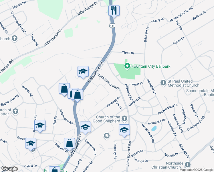 map of restaurants, bars, coffee shops, grocery stores, and more near 5703 Jacksboro Pike in Knoxville