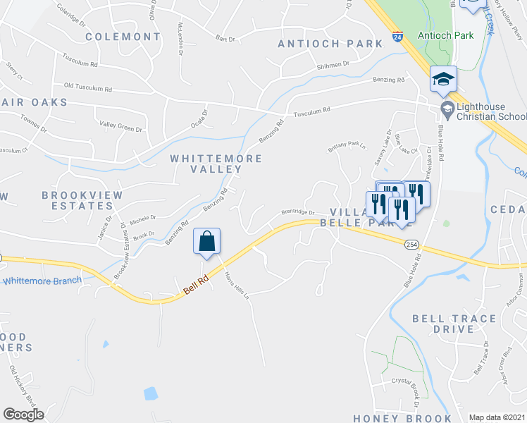 map of restaurants, bars, coffee shops, grocery stores, and more near 1500 Brentridge Dr in Antioch