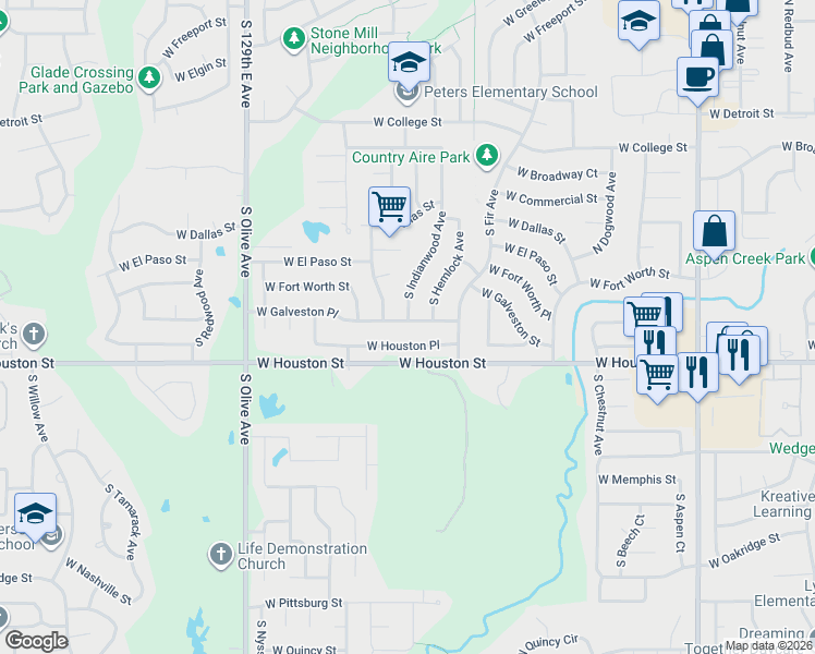 map of restaurants, bars, coffee shops, grocery stores, and more near 521 South Kalanchoe Avenue West in Broken Arrow