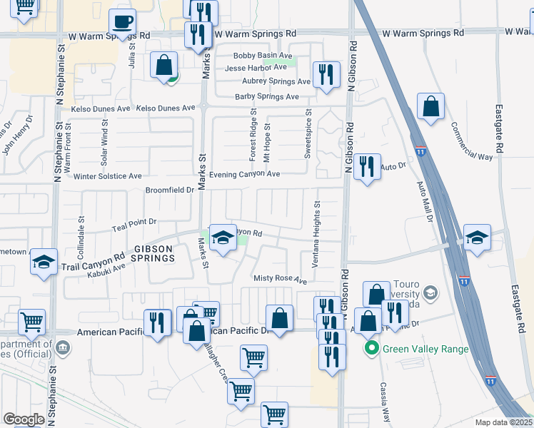map of restaurants, bars, coffee shops, grocery stores, and more near 265 Prudence Court in Henderson
