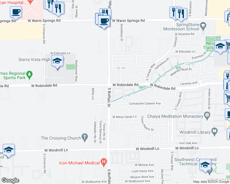 map of restaurants, bars, coffee shops, grocery stores, and more near 7701 West Robindale Road in Las Vegas