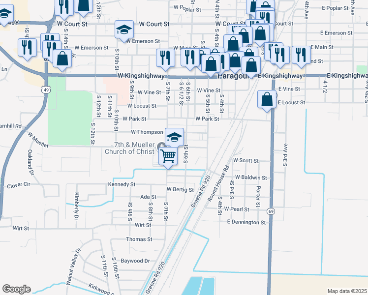 map of restaurants, bars, coffee shops, grocery stores, and more near 612 West Mueller in Paragould