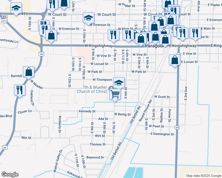 map of restaurants, bars, coffee shops, grocery stores, and more near 725 West Mueller Street in Paragould
