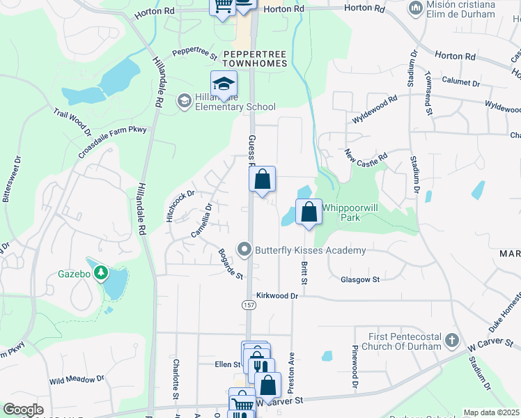 map of restaurants, bars, coffee shops, grocery stores, and more near 3660 Guess Rd in Durham