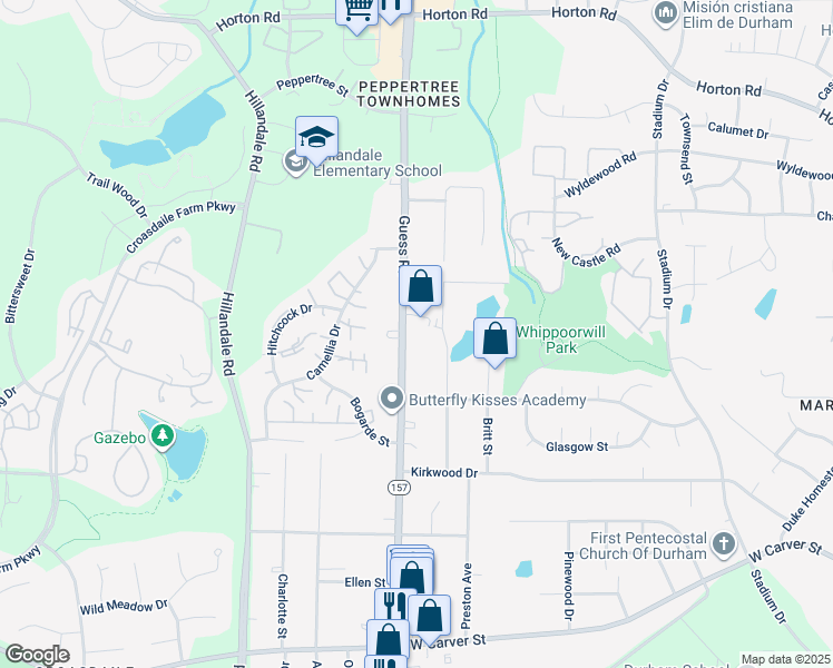 map of restaurants, bars, coffee shops, grocery stores, and more near 3660 Guess Rd in Durham
