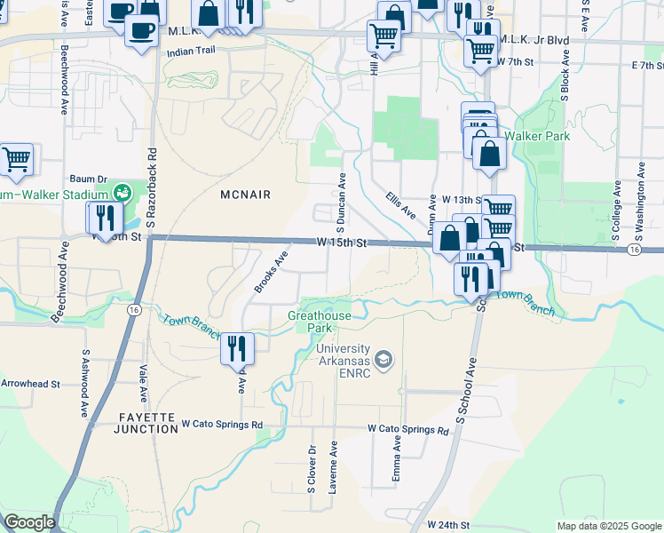 map of restaurants, bars, coffee shops, grocery stores, and more near 1545 South Duncan Avenue in Fayetteville