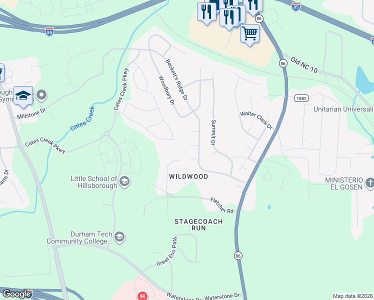 map of restaurants, bars, coffee shops, grocery stores, and more near 901 Savannah Court in Hillsborough