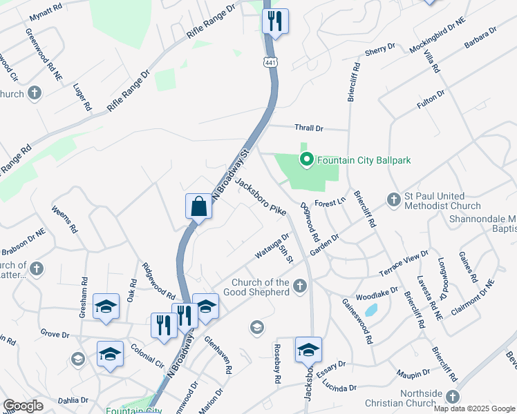 map of restaurants, bars, coffee shops, grocery stores, and more near 5703 Jacksboro Pike in Knoxville
