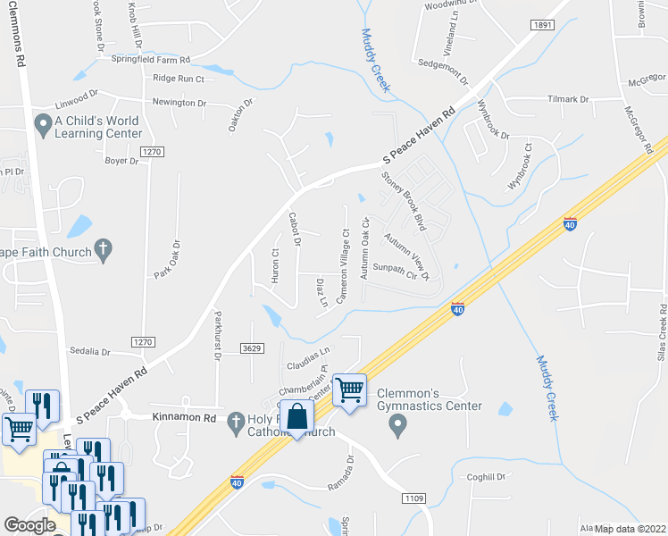 map of restaurants, bars, coffee shops, grocery stores, and more near 820 Cameron Village Drive in Winston-Salem
