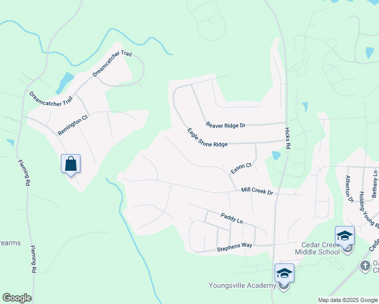 map of restaurants, bars, coffee shops, grocery stores, and more near 160 Bridges Lane in Youngsville
