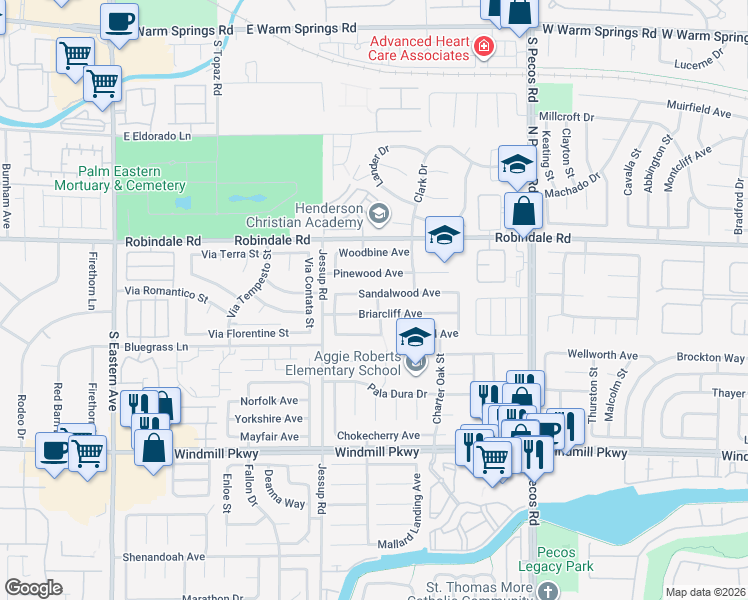 map of restaurants, bars, coffee shops, grocery stores, and more near 2736 Sandalwood Avenue in Henderson