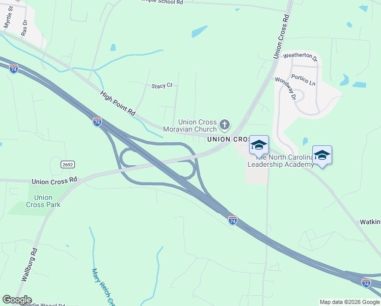 map of restaurants, bars, coffee shops, grocery stores, and more near 1836 Union Cross Road in Winston-Salem