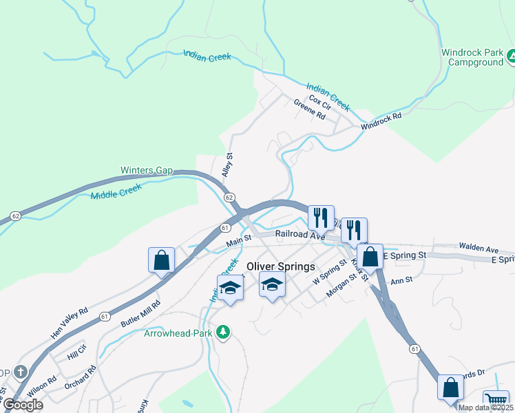 map of restaurants, bars, coffee shops, grocery stores, and more near 110 East Tri County Boulevard in Oliver Springs