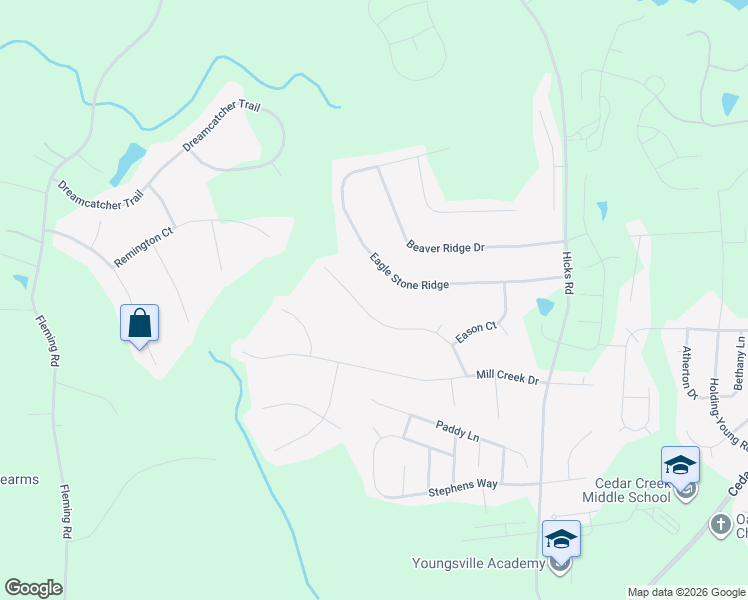 map of restaurants, bars, coffee shops, grocery stores, and more near 160 Bridges Lane in Youngsville