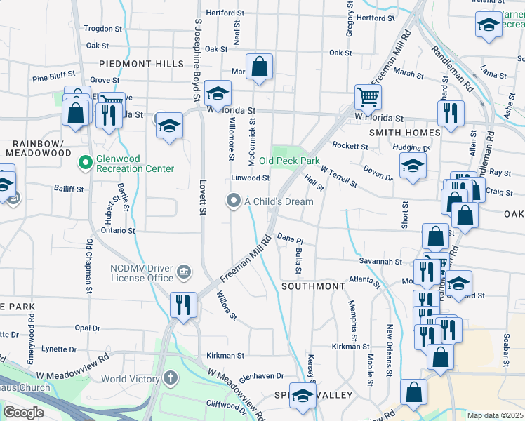 map of restaurants, bars, coffee shops, grocery stores, and more near 1720 Glenwood Avenue in Greensboro