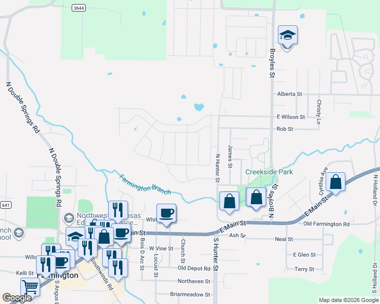 map of restaurants, bars, coffee shops, grocery stores, and more near 40 Watson Lane in Farmington