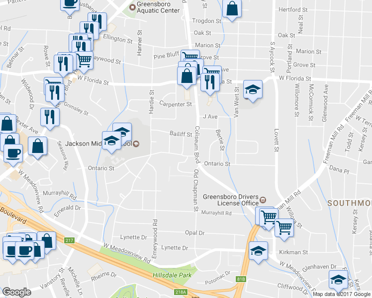 map of restaurants, bars, coffee shops, grocery stores, and more near 2211 Saint Mark Road in Greensboro