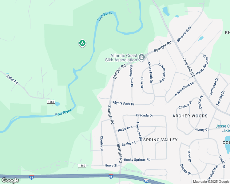 map of restaurants, bars, coffee shops, grocery stores, and more near 2908 Sparger Road in Durham