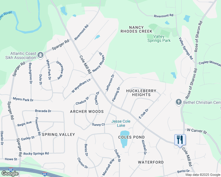 map of restaurants, bars, coffee shops, grocery stores, and more near 114 Jefferson Drive in Durham