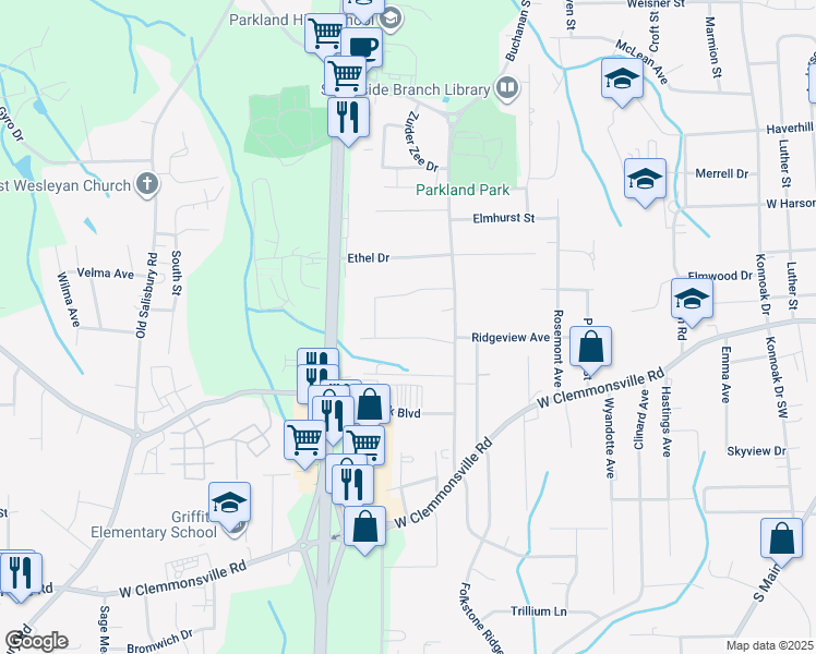 map of restaurants, bars, coffee shops, grocery stores, and more near 1027 Linger Road in Winston-Salem