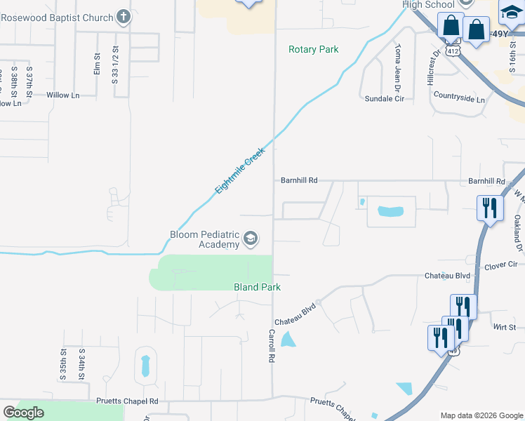 map of restaurants, bars, coffee shops, grocery stores, and more near 912 Carroll Road in Paragould