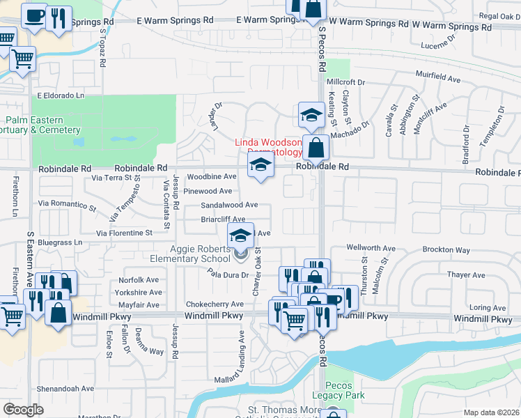 map of restaurants, bars, coffee shops, grocery stores, and more near 2707 Sandalwood Avenue in Henderson