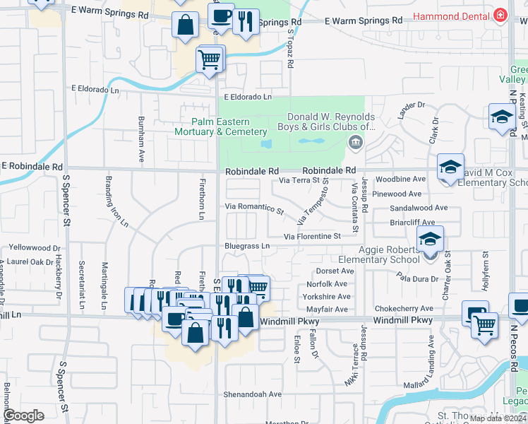 map of restaurants, bars, coffee shops, grocery stores, and more near 265 Via Malorca Street in Henderson