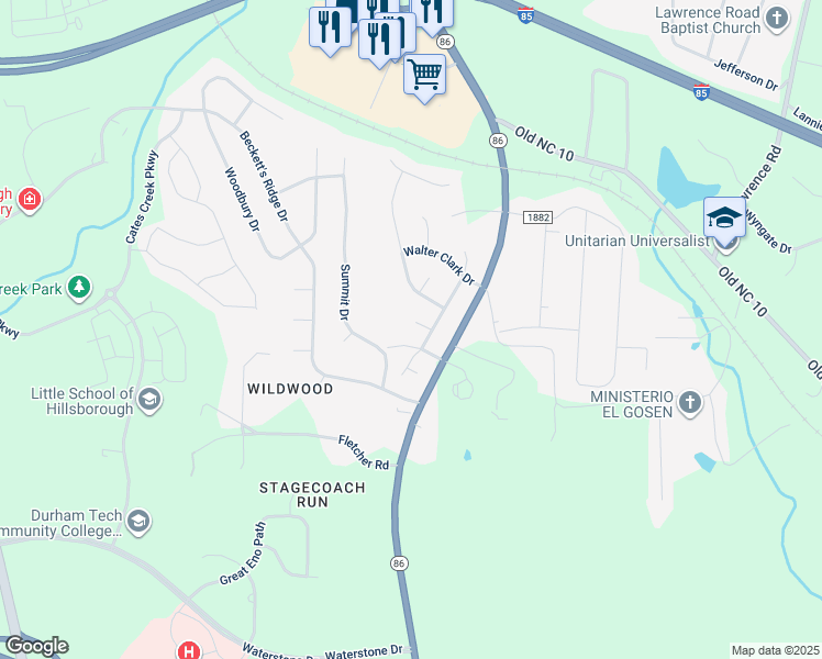 map of restaurants, bars, coffee shops, grocery stores, and more near 1103 Water Oak Court in Hillsborough