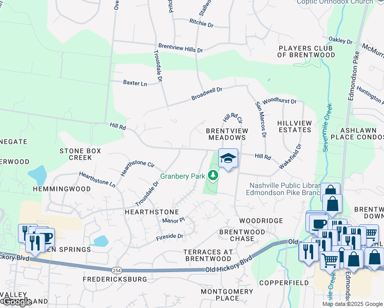map of restaurants, bars, coffee shops, grocery stores, and more near 628 Hill Road in Brentwood