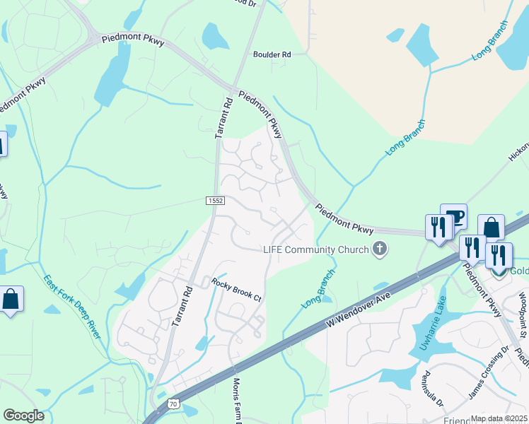 map of restaurants, bars, coffee shops, grocery stores, and more near 4471 Piedmont Trace Drive in Greensboro