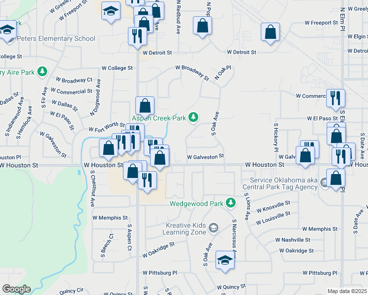 map of restaurants, bars, coffee shops, grocery stores, and more near 413 South Redbud Avenue in Broken Arrow