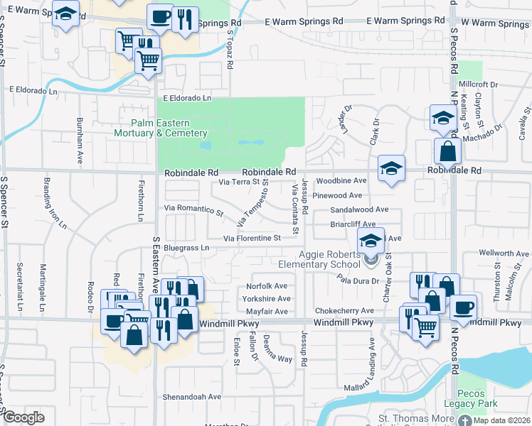 map of restaurants, bars, coffee shops, grocery stores, and more near 2817 Via Bel Mondo Street in Henderson