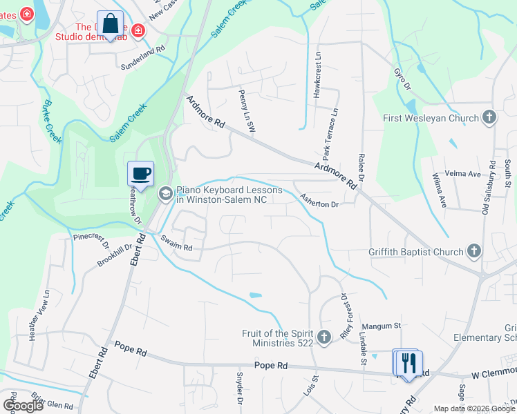 map of restaurants, bars, coffee shops, grocery stores, and more near 102 Camburn Court in Winston-Salem